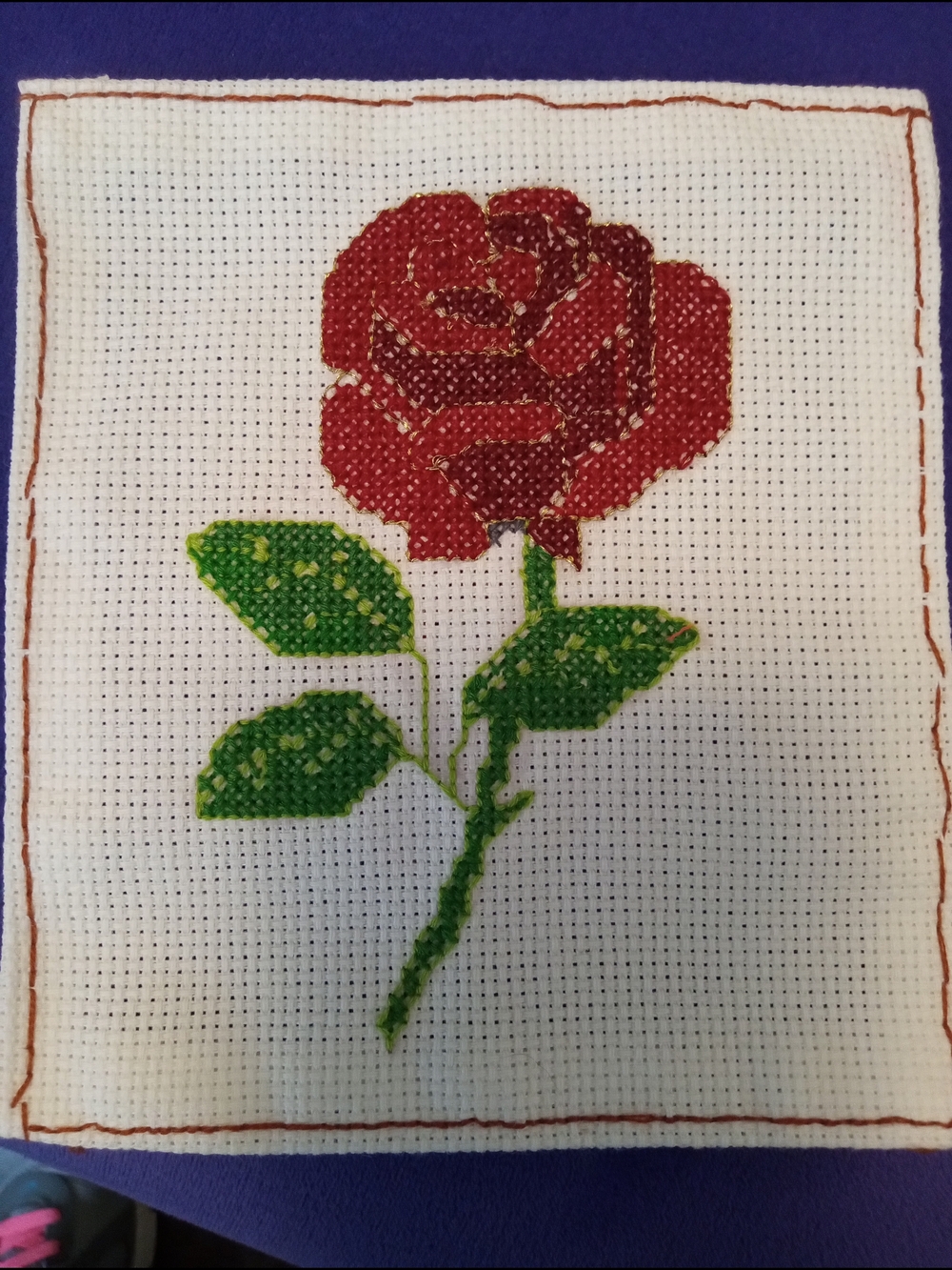 Handmade Cross-Stitch Red Rose with Green Leaves
